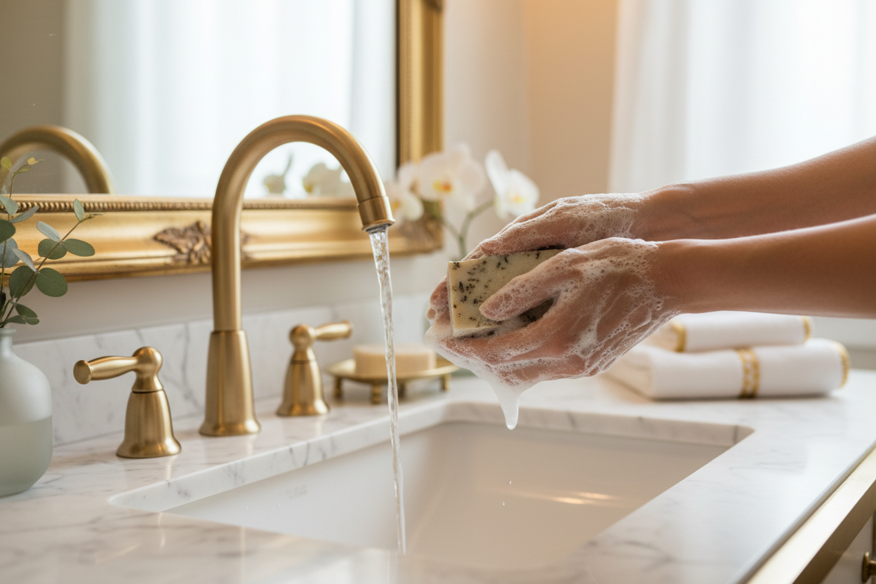 someone using the soap with a luxurious background